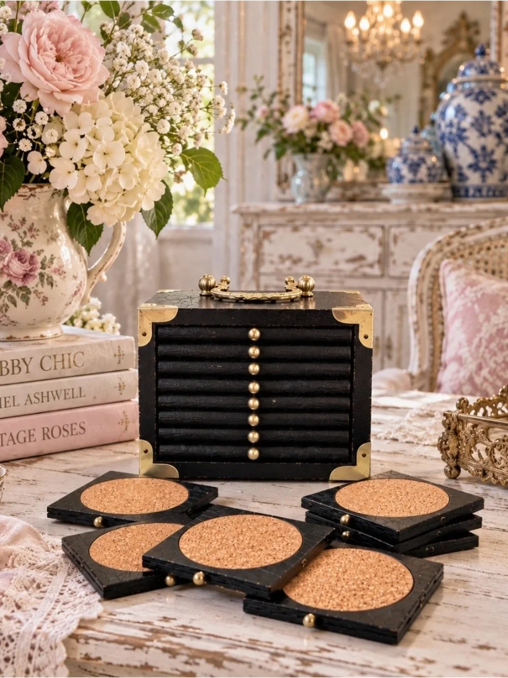 Vintage Chinoiserie Black Lacquer 8 Pc Coaster Set Brass Storage Box